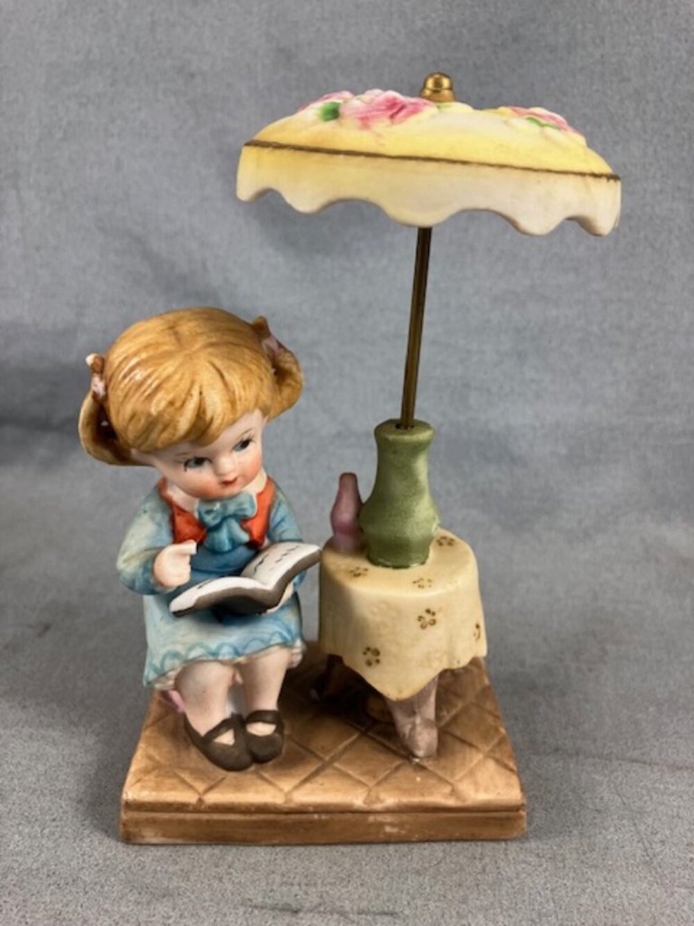 Vintage Summertime Story Ceramic Figure Girl Reading Book with Twirling Umbrella
